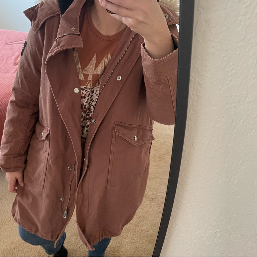 Calvin Klein Jeans mauve denim utility trench coat faux fur lined jacket medium